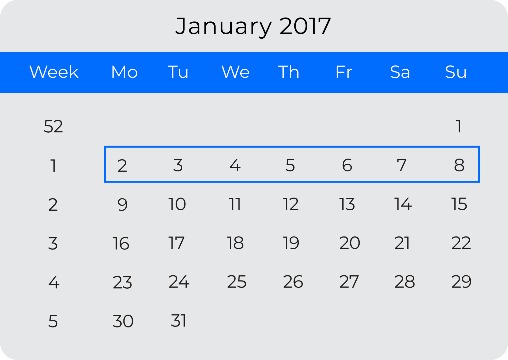 Drei Kalender mit unterschiedlichen DATEFIRSTs