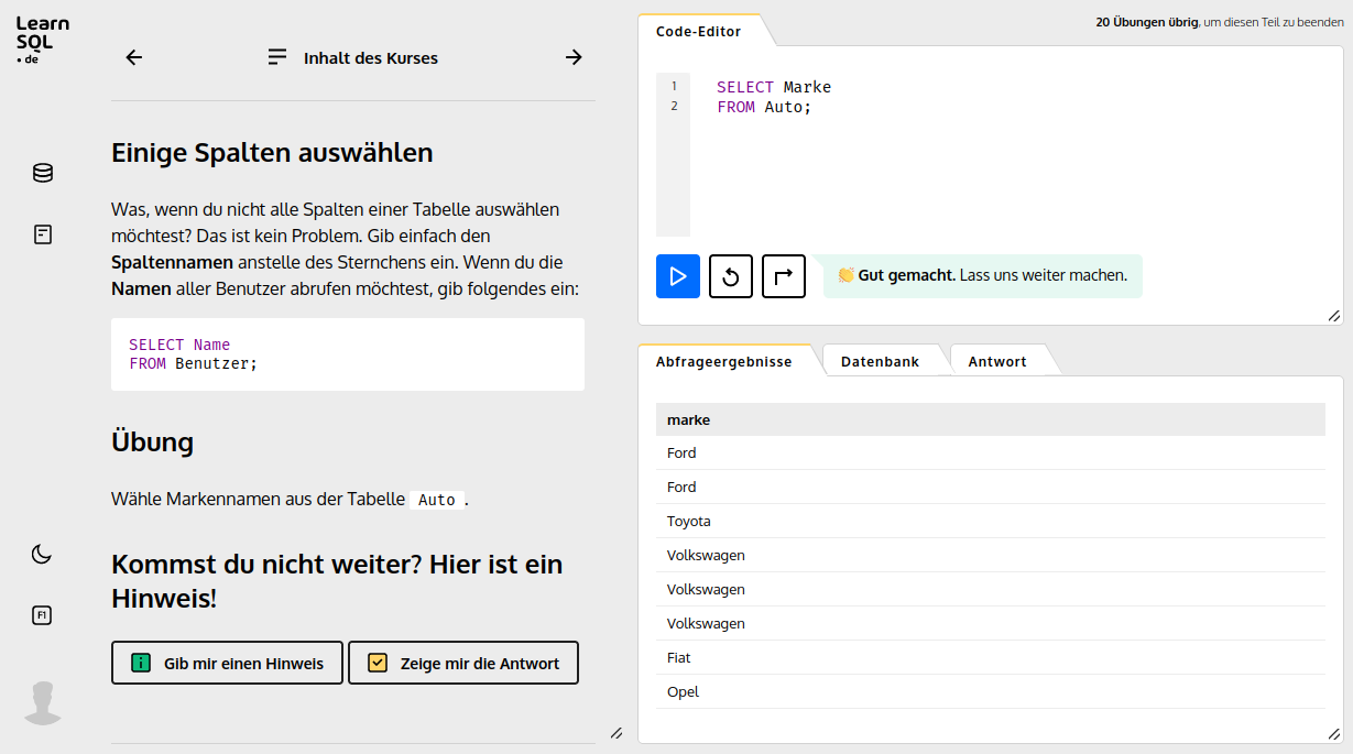Screenshot des LearnSQL.de-Übungsbildschirms