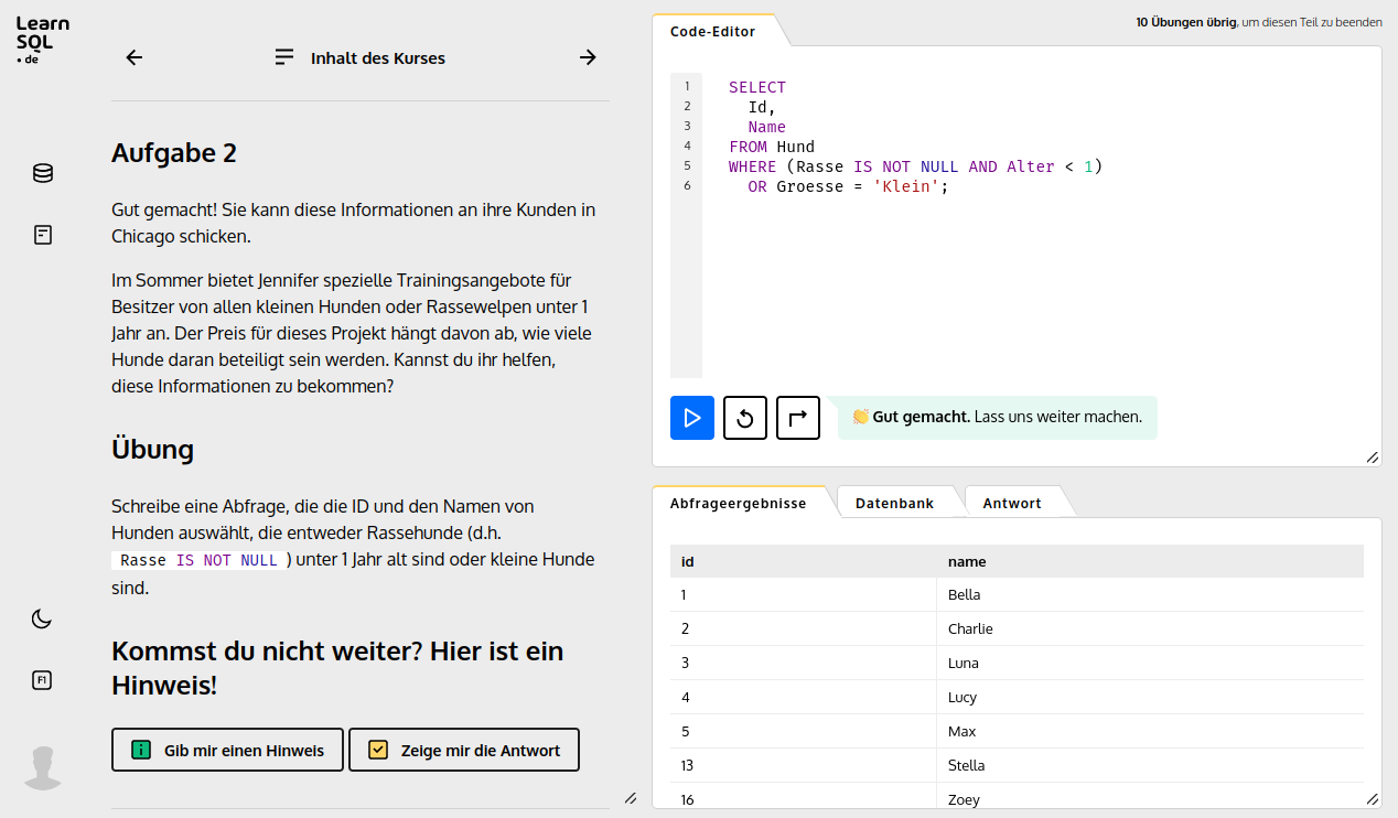 Screenshot des LearnSQL.de-Übungsbildschirms