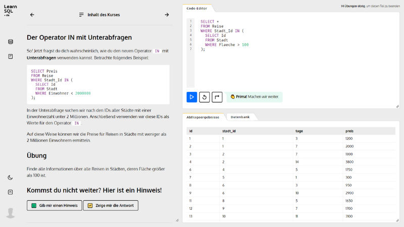 LearnSQL.de Übungsbildschirm